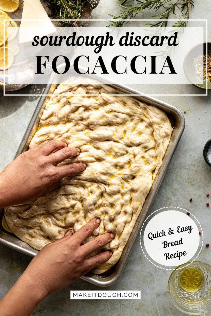 someone is placing food in a pan with the words sourdough discard focaccia