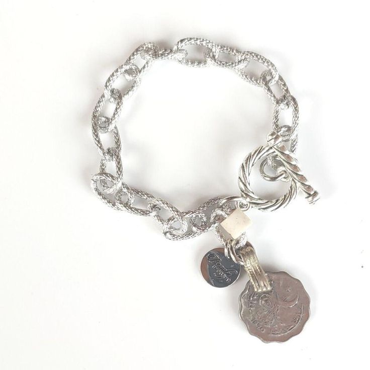 Chain Link Bracelet With Coin or Monogram - Beauty In Stone Jewelry Metal Chain Bracelet With Toggle Clasp, Everyday Metal Bracelets With Toggle Clasp, Everyday Metal Chain Bracelet With Toggle Clasp, Everyday Charm Bracelet With Toggle Clasp, Silver Chunky Chain Charm Bracelet, Classic Metal Chain Bracelet With Toggle Clasp, Everyday Metal Charm Bracelet, Silver Chain Link Bracelet With Toggle Clasp, Adjustable Silver Charm Bracelet With Chunky Chain