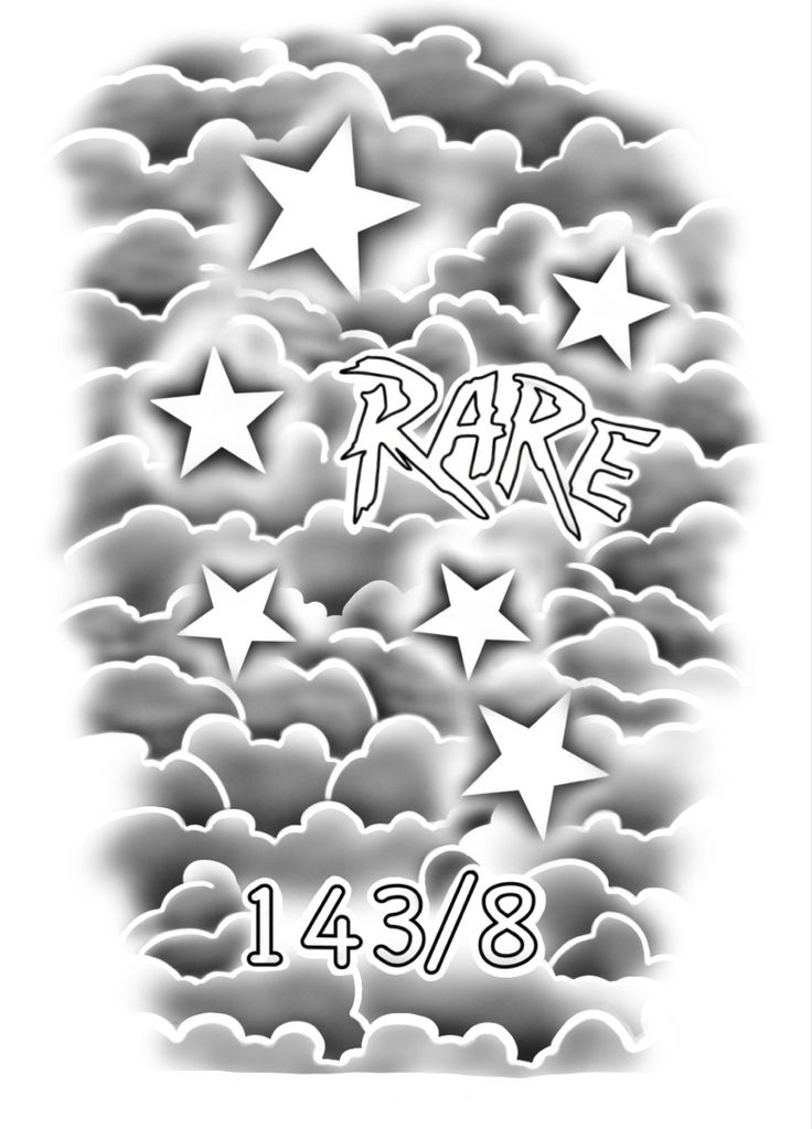 the word rare is surrounded by stars in black and white, on a background of clouds