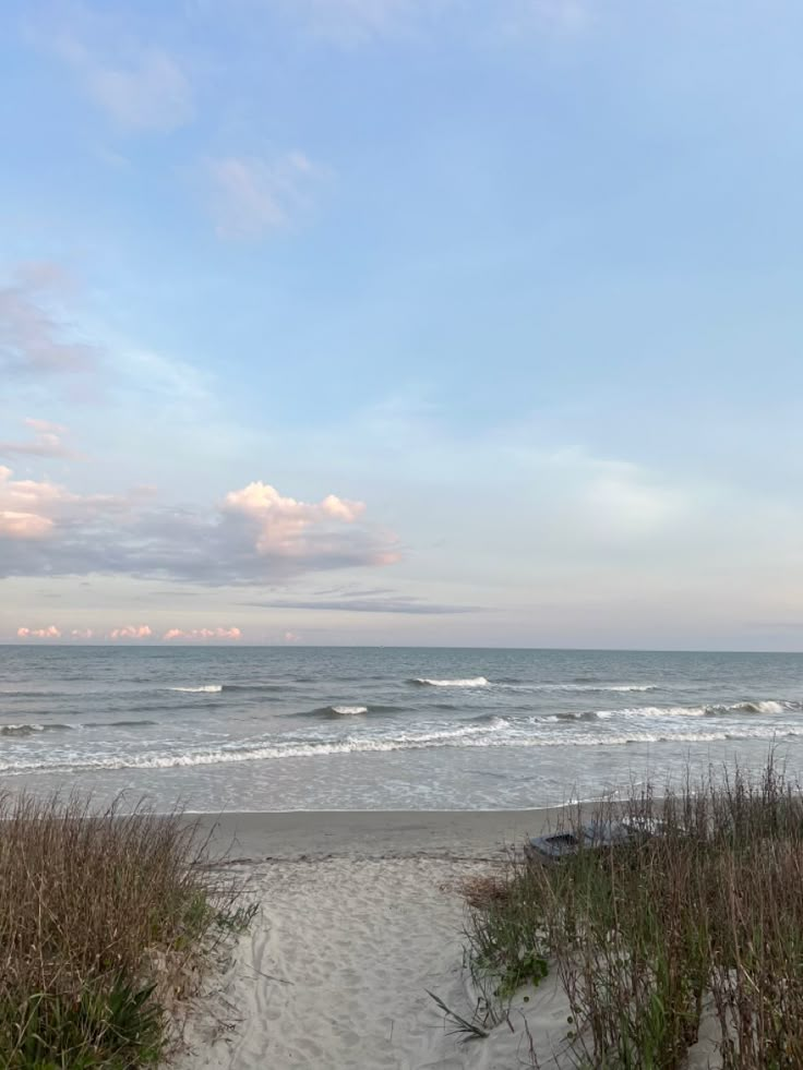 an empty beach with waves coming in to the shore and grass growing on the sand