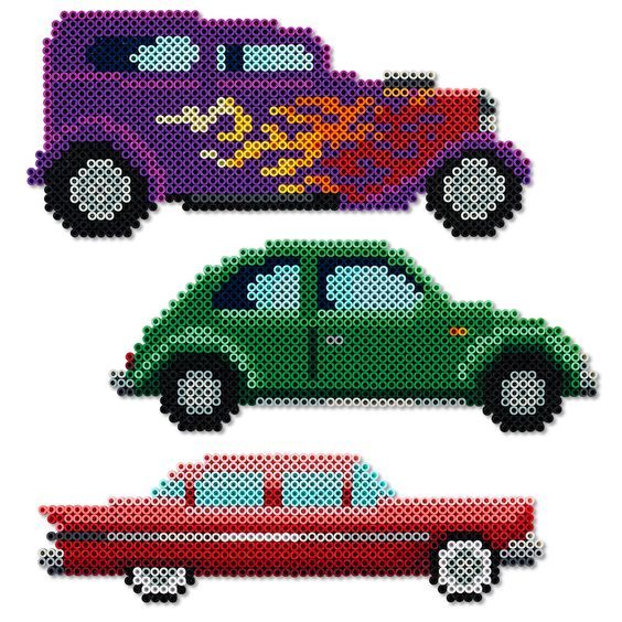 two cars with different designs on them, one is red and the other is green