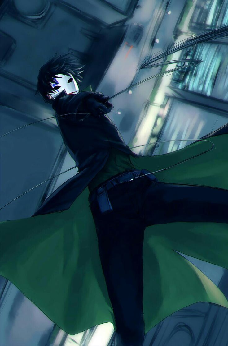 an anime character with black hair and green cape