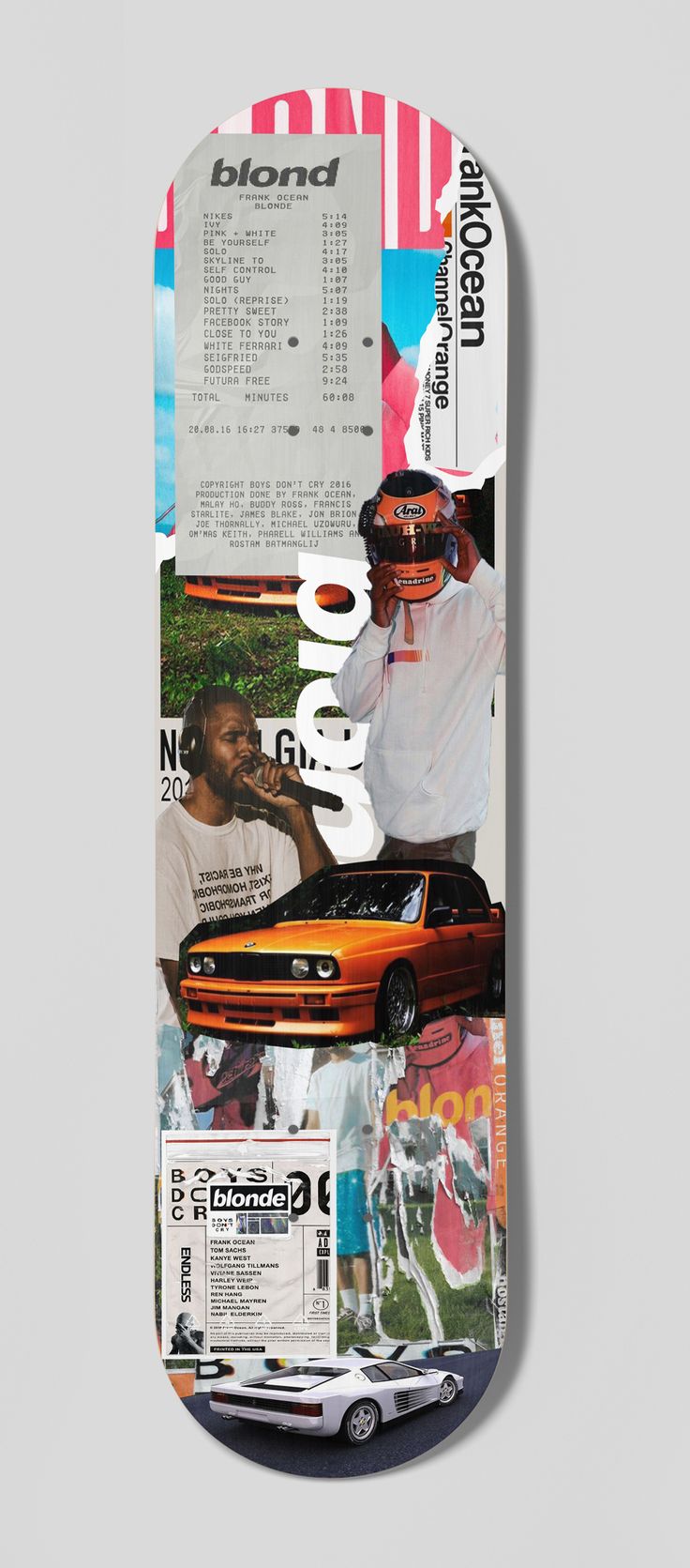 a skateboard is covered in photos and words on it's side, with the image of a man standing next to a car