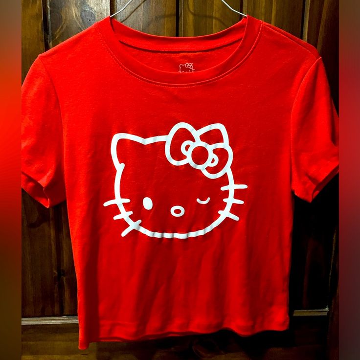 Super Cute Red Crop Top Tee. Hello Kitty Ladies Size L $19 Cute Red Fitted T-shirt, Cute Fitted Red T-shirt, Red Hello Kitty Print Crew Neck Top, Red Hello Kitty Short Sleeve Tops, Casual Red Hello Kitty Top, Red Crew Neck Top With Hello Kitty Print, Red Hello Kitty Cotton T-shirt, Red Cotton Hello Kitty T-shirt, Casual Red T-shirt With Hello Kitty Print