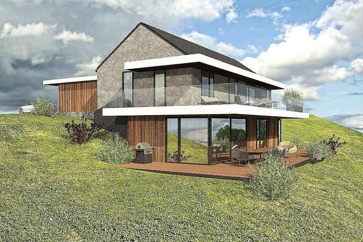 an artist's rendering of a house on a hill with grass and shrubs around it