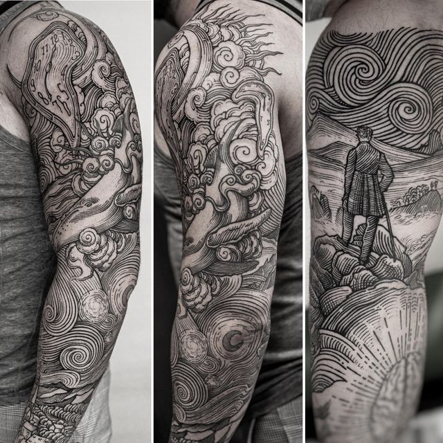 three different views of a man's full sleeve with clouds and waves on it