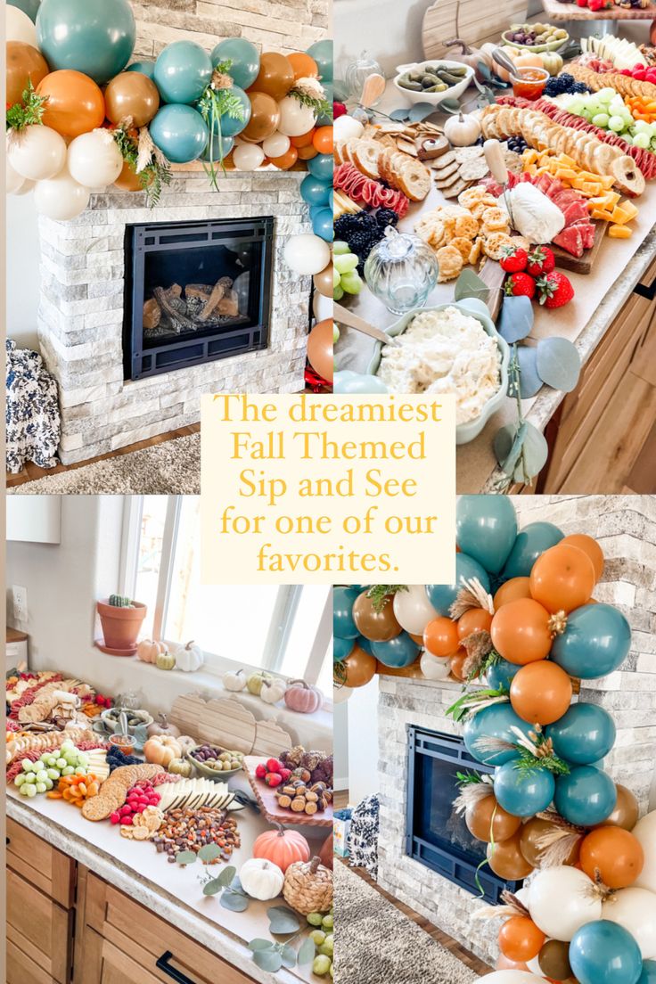 a bunch of balloons that are in front of a fireplace with the words, this dramatic fall themed sip and see for one of our favorites