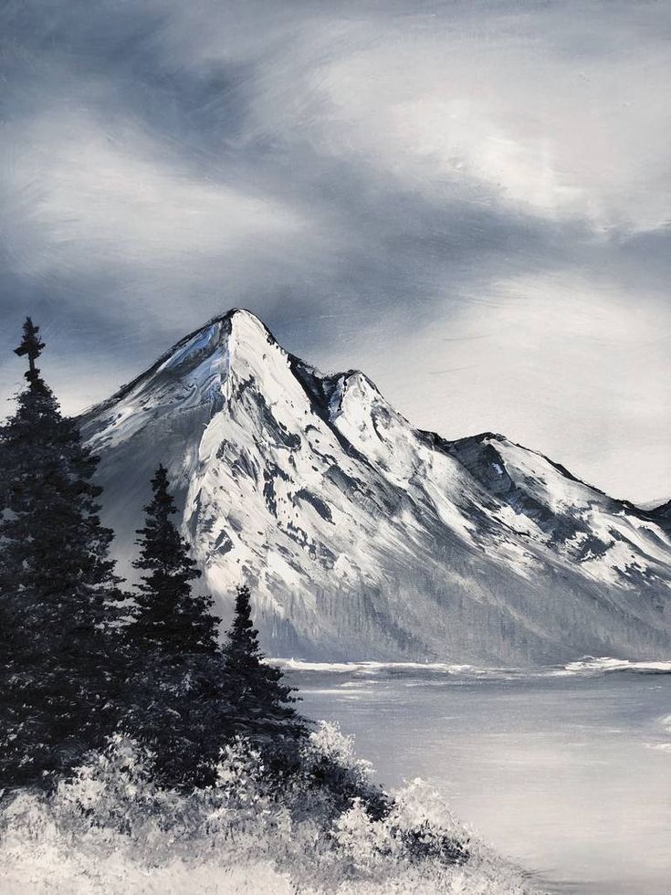 a painting of a snowy mountain with trees in the foreground and clouds in the background