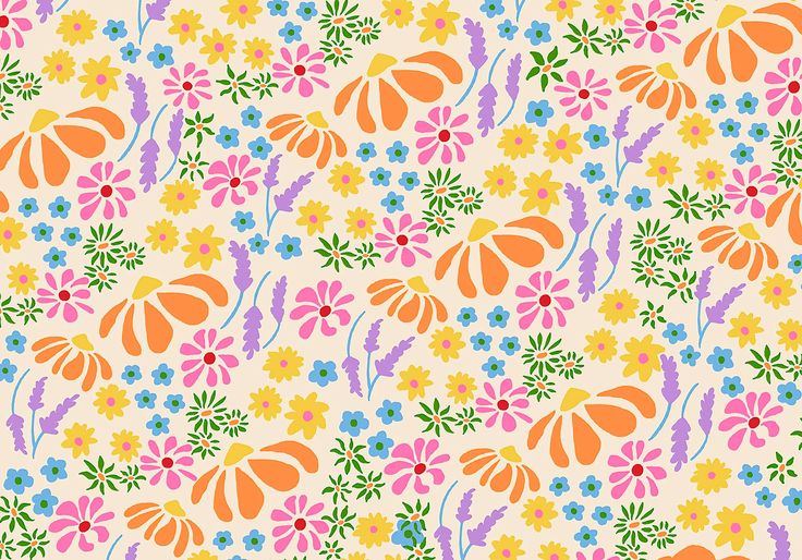 an orange and blue flower pattern on a white background with green, pink, yellow, and purple flowers