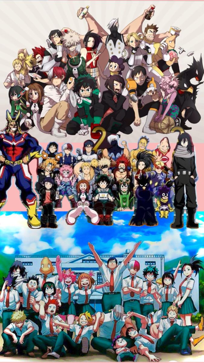 anime characters with different poses and expressions in front of the same image, one is holding up