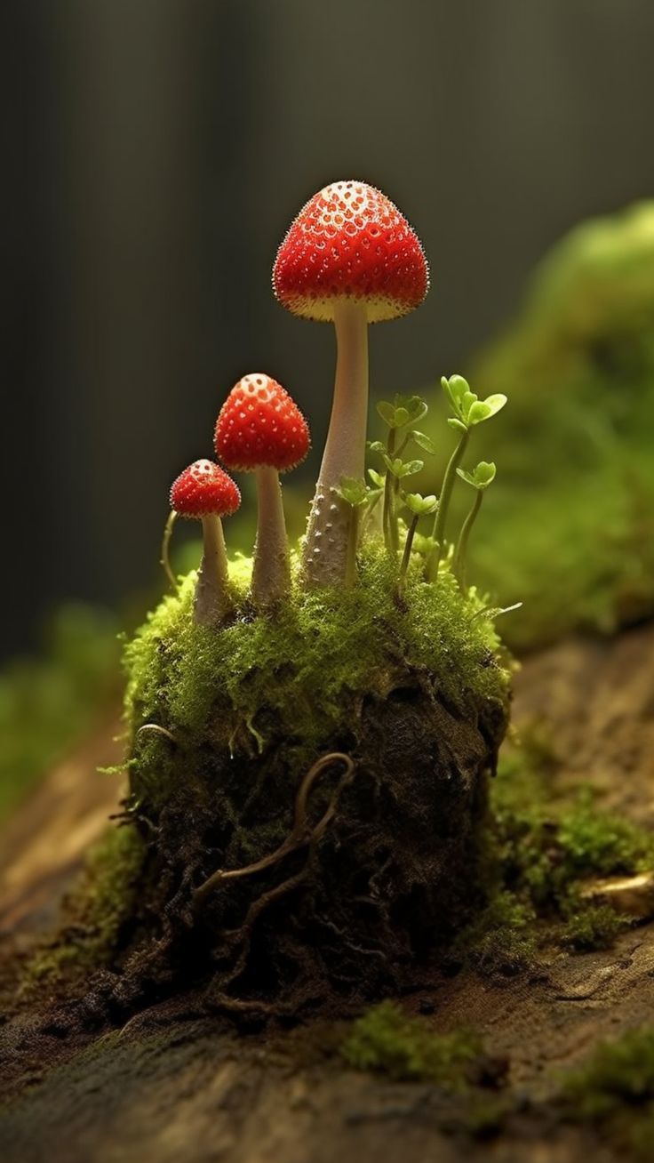 two red mushrooms sitting on top of a moss covered log