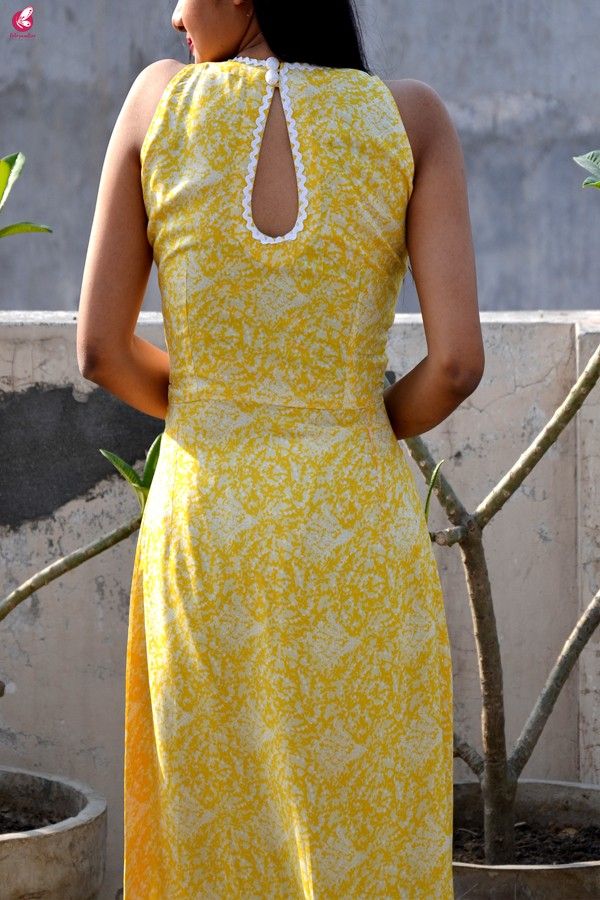 Buy Lemon Printed Modal Rayon Sleeveless Long Kurti Online in India | Colorauction Sleeveless Kurti Designs Back, Modal Kurti Design, Colorauction Kurtis, Cut Sleeves Kurti Neck Design, Kurti Back Pattern, Chikankari Neck Designs, Sleeveless Kurta Neck Design, Long Kurti Neck Designs, Back Neck Kurti Design