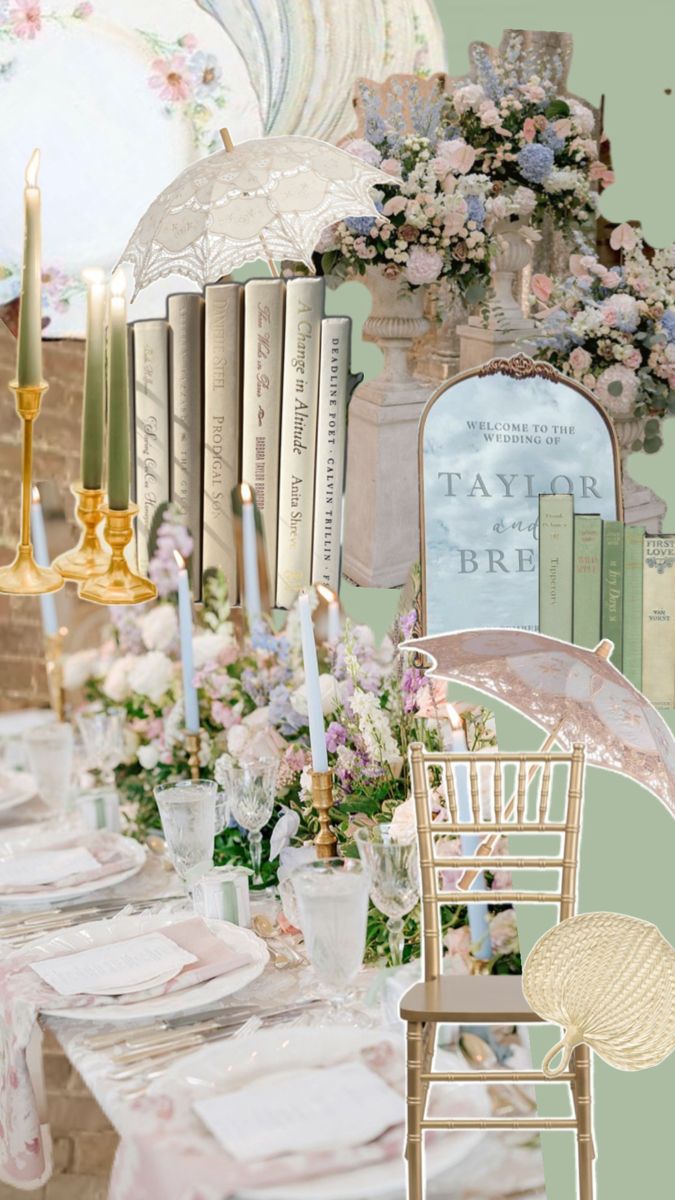 the table is set with flowers and candles