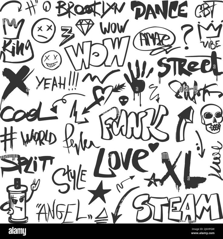 black and white graffiti style wallpaper with various phrases - stock image, background or texture