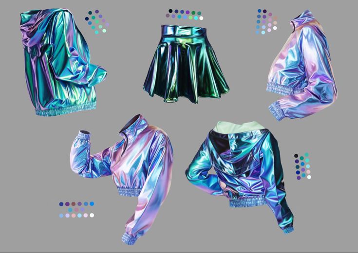 four different styles of shiny clothing on a gray background with colorful circles around the image