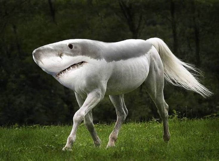 a white horse with its mouth open and it's tail curled up in the air