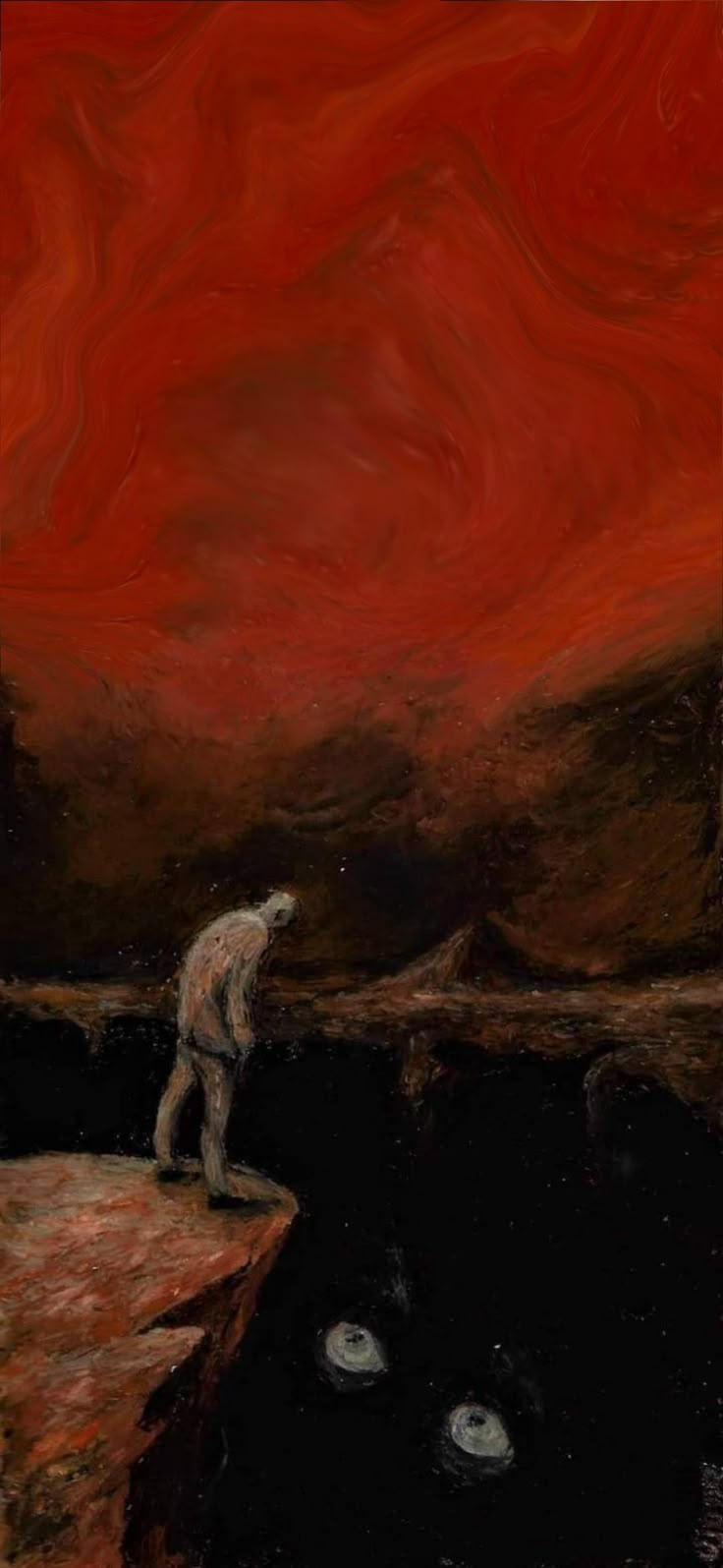 a man standing on top of a cliff next to a red and black sky with clouds