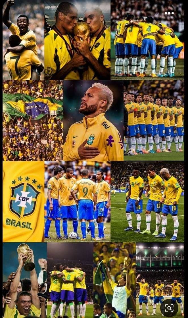 many different pictures of soccer players in yellow and blue uniforms with their arms around each other