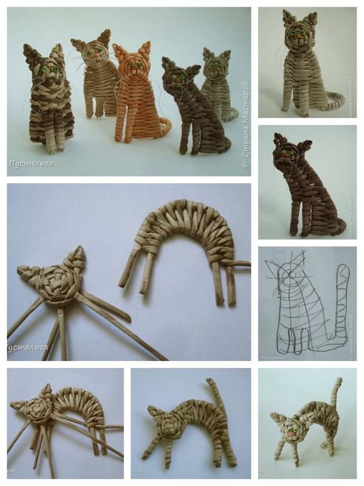 several pictures of cats made out of wood sticks