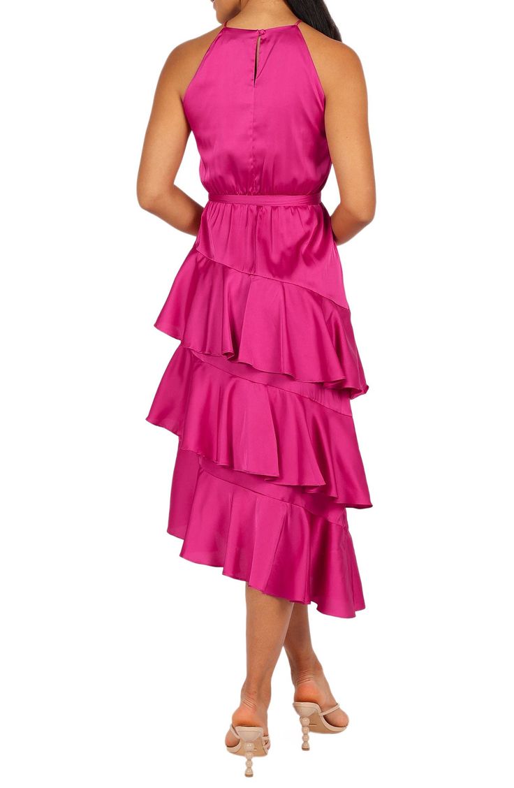 Flamenco-inspired ruffled tiers are sure to put some sashay in your step wearing this party-ready frock crafted of lustrous satin. Back keyhole with button-and-loop closure Square neck Sleeveless, with cutaway shoulders Removable sash Partially lined 100% polyester Hand wash, line dry Imported Formal Satin Midi Dress With Ruffles, Dressy Satin Dress With Ruffles, Chic Layered Formal Dresses, Satin Tiered Dress With Ruffles, Tiered Ruffle Dress For Night Out, Tiered Satin Dress With Ruffles, Ruffled Midi Dress For Party Season, Satin Party Dress With Ruffle Hem, Sleeveless Satin Dress With Ruffles