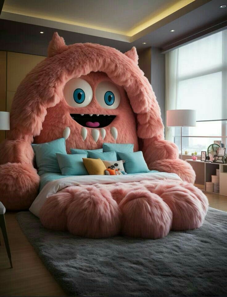 a large pink monster bed in a bedroom