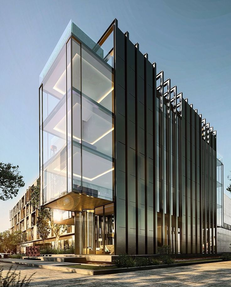 an architectural rendering of a modern building with glass and metal panels on the front facade