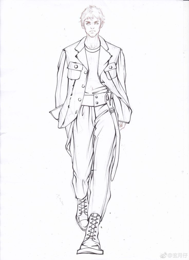 a drawing of a man in a jacket and pants