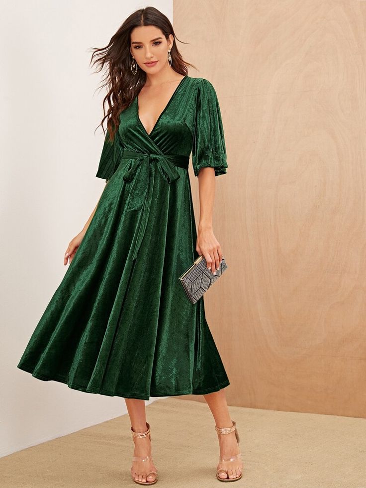 Pleated Sleeve Wrap Belted Velvet Dress | SHEIN USA Flowy Midi Dress, Frock For Women, Deep V Neck Dress, Fall Winter Dresses, Pleated Sleeves, Solid Dress, Tie Dress, Jeffrey Campbell, Belted Dress