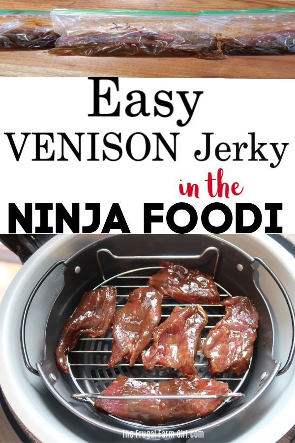 an image of food cooking on the grill with text overlay that reads easy venison jerry in the ninja food