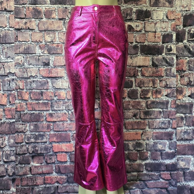 Bend & Snap Crackle Metallic Flare Pants. It Features A No Stretch Construction, A Boot Cut And Flare Design, High Waist Fit, Statement Crackle Pattern, Metallic Pink Coloring, Pocket Detailing, And Front Button And Zipper Closures. Please Note That The Pants Arrived With A Small Spot On Inner Lining As Shown. **Length Then Inseam Is Shown** Nwt, Size 6, No Stretch, True To Size. Mannequin Bust 34", Waist 26" And Hips 38" Stretch Wide Leg Leather Pants For Spring, Non-stretch Pink Pants For Party, Pink Non-stretch Party Pants, Trendy Fitted Pink Leather Pants, Fitted Wide Leg Leather Pants For Spring, Fitted Full-length Leather Pants For Spring, Fitted Full Length Leather Pants For Spring, Chic Pink Leather Pants, Pink Pants For Fall