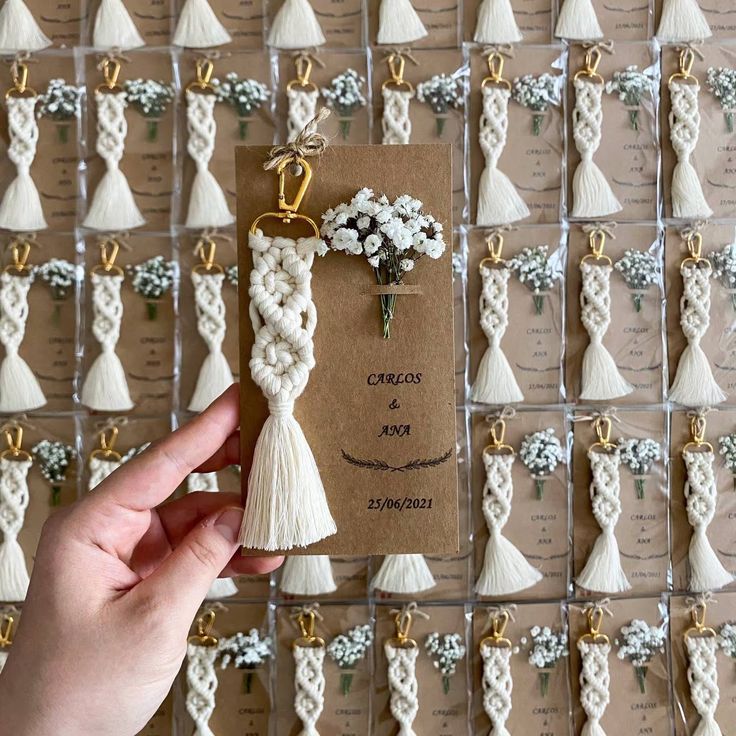 a hand holding a card with flowers and tassels attached to it in front of a wall