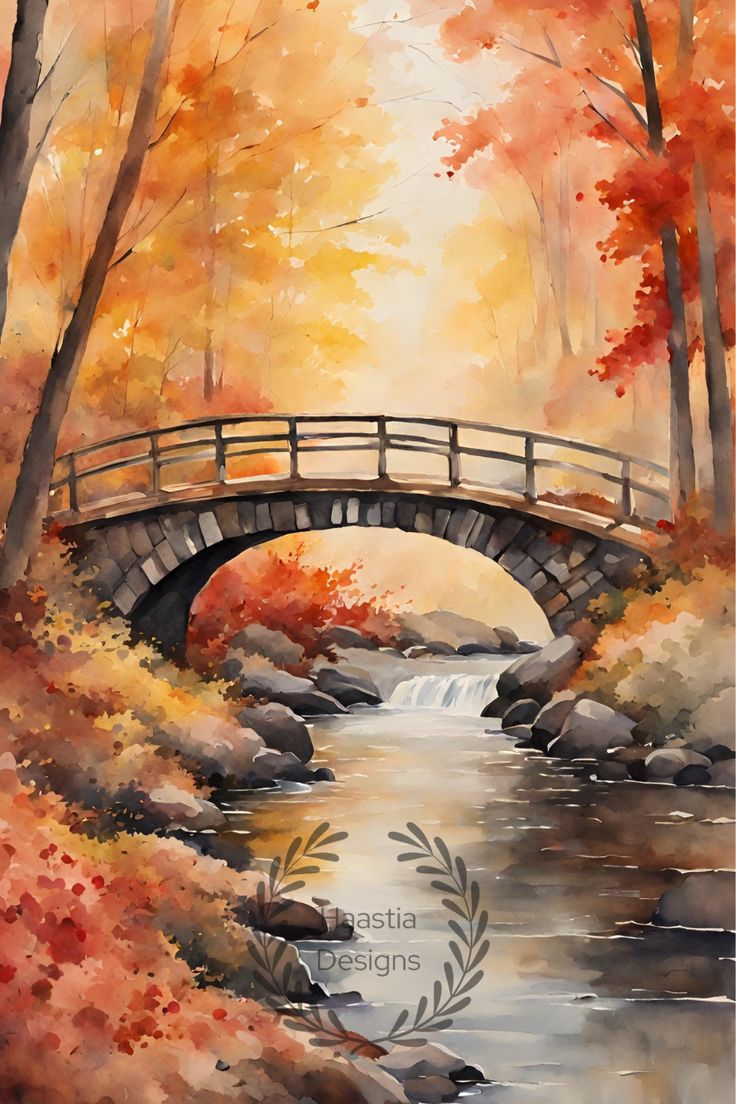 a painting of a bridge over a river in the fall with trees and leaves around it