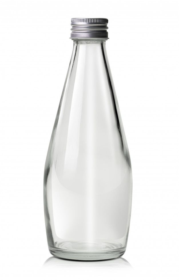 a clear glass bottle with a silver lid on a white background, it is empty