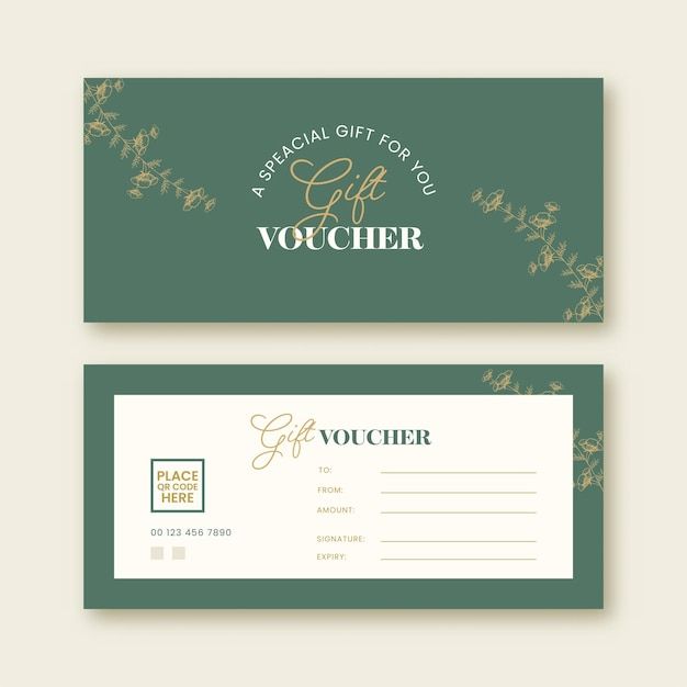 two gift voucher cards with gold and green designs on the front, one is for a