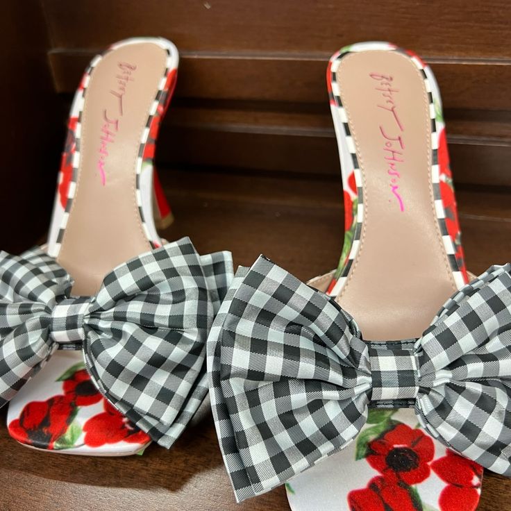 Black White Red Checker&Flora Sandals Rainbow Heels, Glitter Stilettos, Black Satin Heels, Blue By Betsey Johnson, Strappy Block Heels, Glitter Pumps, Ankle Strap Sandals Heels, Strappy Stilettos, Betsey Johnson Shoes