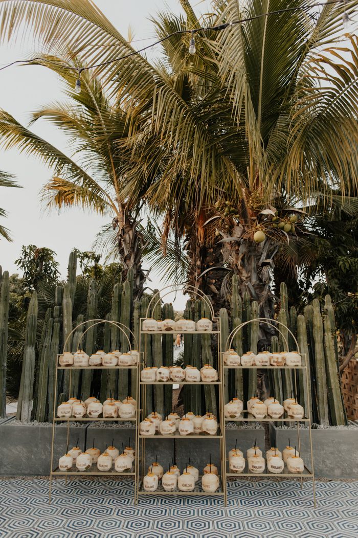 there are many pastries on display in front of the palm trees at this wedding