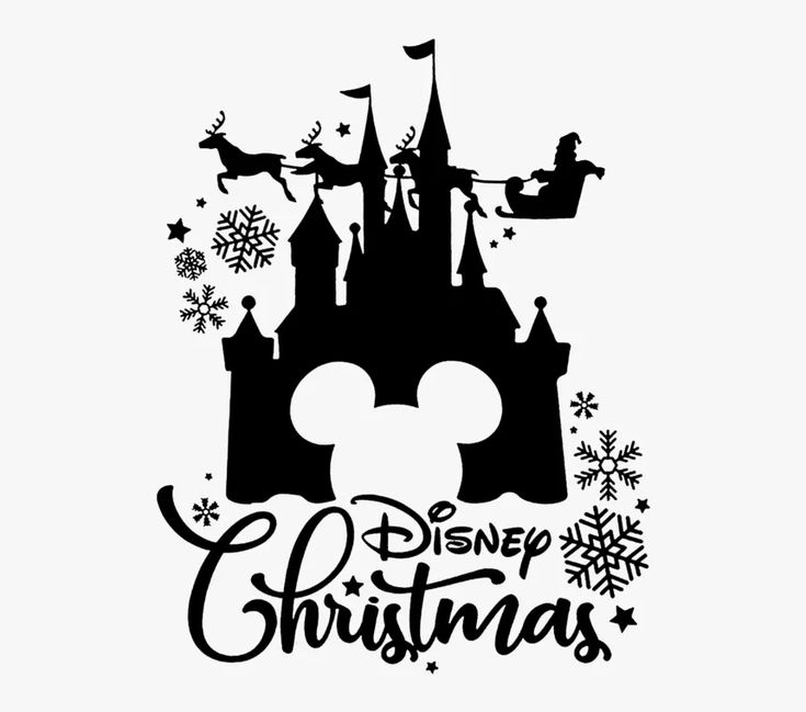 the silhouette of mickey mouse in front of a castle with christmas decorations and snowflakes