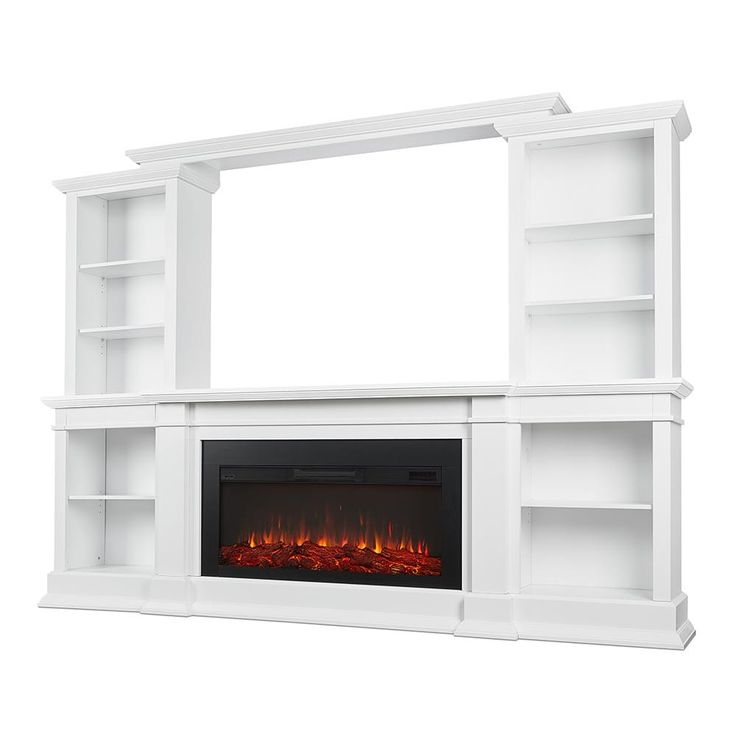 a white entertainment center with an electric fire place and bookcases on both sides