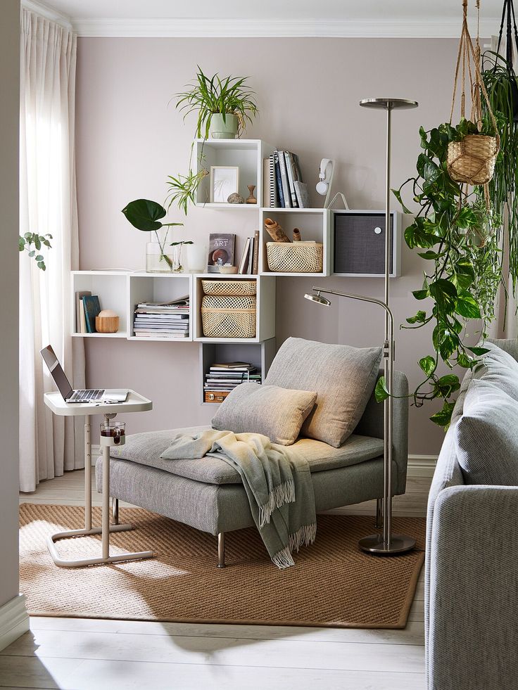 a living room filled with furniture and lots of plants