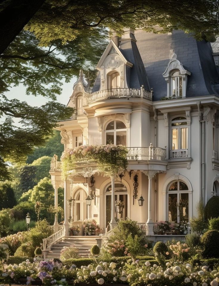 a large white house surrounded by trees and flowers