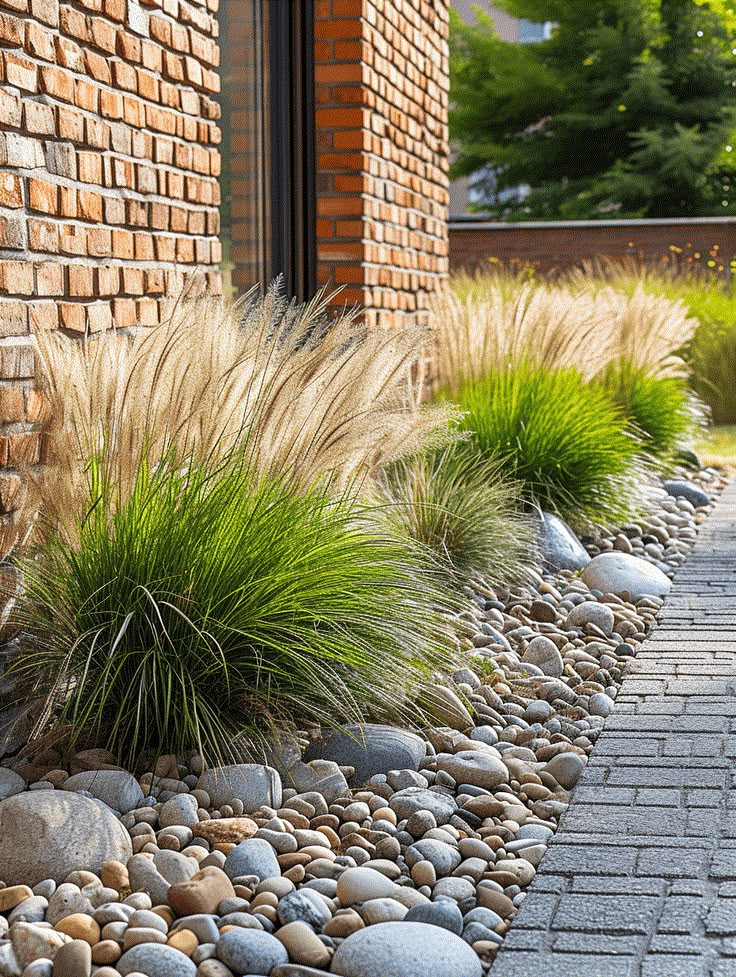 some grass and rocks by a brick building