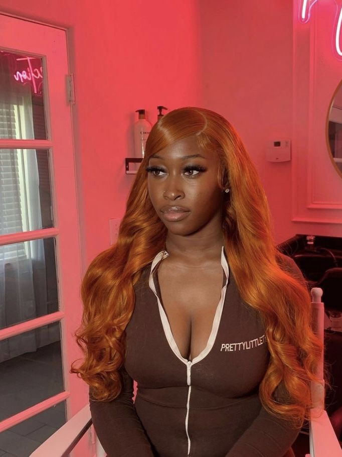 Orange Wig Install, Ginger Quick Weave, Color Wigs On Dark Skin Women, Dyed Natural Hair Dark Skin, Ginger Wig Install, Ginger Frontal Wig, Red Wig Install, Freaknik Hairstyles, Ginger Nails