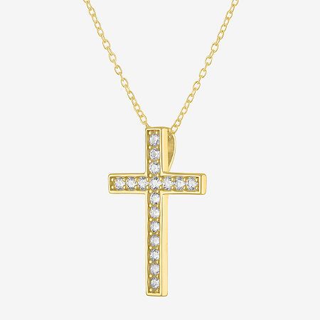 Celebrate your faith with our Women�s Lab-Created White Sapphire Cross Pendant Necklace, elegantly crafted in 14K Gold Over Silver. This beautiful necklace features a sparkling cross pendant adorned with 17 shimmering lab-created sapphires, creating a stunning centerpiece. The pendant hangs gracefully from an 18-inch cable chain, secured with a spring ring clasp for easy wear. Perfectly packaged in a lovely gift box, this necklace makes a heartfelt gift for any occasion. Treat yourself or a lov… Classic Cross Necklaces For Gifts, Classic Cross Pendant Necklace As Gift, Classic Pendant Cross Necklace For Anniversary, Classic Cross Necklace For Anniversary, Elegant Cross Necklace For Mother's Day, Elegant Personalized Crucifix Jewelry, Gold Cross Necklace For Anniversary, Elegant Gold Cross Necklace For Mother's Day, Elegant Crucifix Necklace For Anniversary