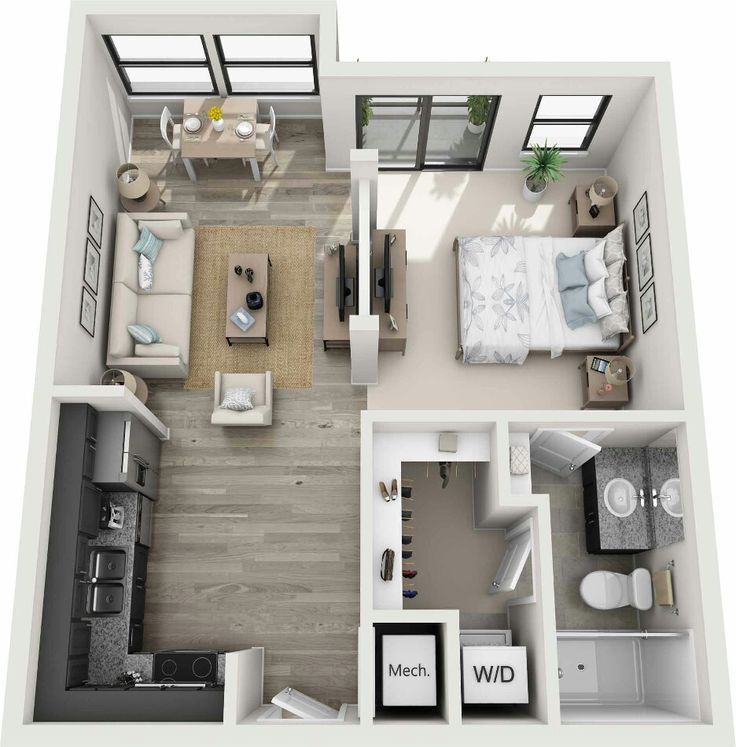 an overhead view of a two bedroom apartment