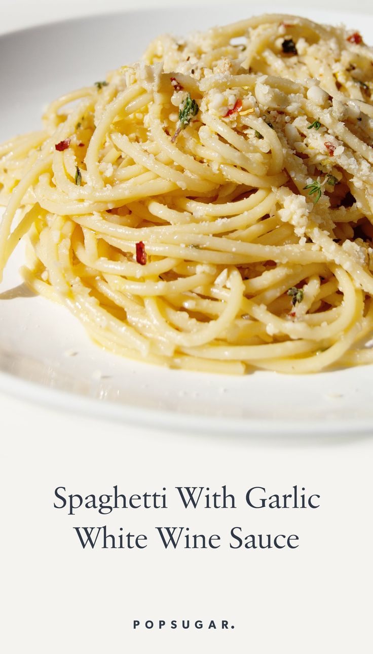 spaghetti with garlic and white wine sauce on a plate