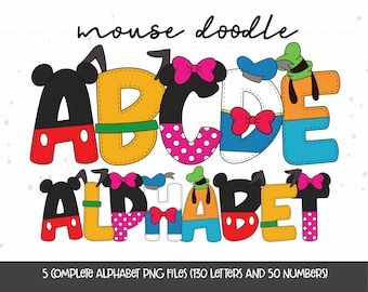 an alphabet with minnie mouse and mickey mouse ears on it's side, in the middle