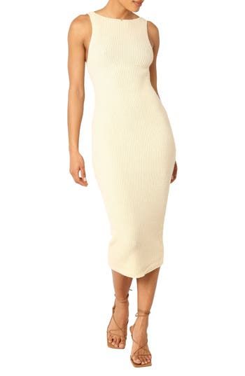 A back (or front) twist and cutout add allure to this fitted sweater dress knit with a ribbed texture offering trend-right charm. Slips on over head Boat neck Sleeveless 52% acrylic, 28% nylon, 20% polyester Hand wash, dry flat Imported Elegant Ribbed Knit Bodycon Dress, Chic Beige Ribbed Sweater Dress, Ribbed Knit Sweater Dress For Night Out, Spring Ribbed Stretch Bodycon Dress, Ribbed Stretch Bodycon Dress For Spring, Chic Knit Sweater Dress With Ribbed Neckline, Chic Sweater Dress With Ribbed Neckline And Stretch, Chic Sweater Dress With Ribbed Neckline, Chic Ribbed Knit Dresses