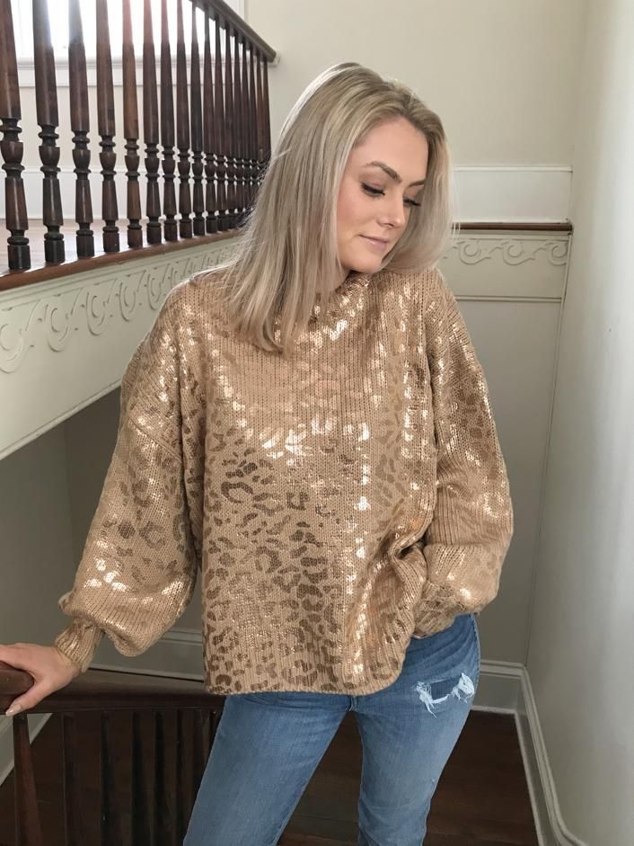 Pinky Promises Sweater | Sassy Shortcake | sassyshortcake.com Casual Sequin Party Sweater, Long Sleeve Sequin Sweater For Night Out, Glamorous Long Sleeve Winter Sweater, Fall Sweater With Sequins, Chic Gold Winter Sweater, Chic Shimmer Top For Fall, Chic Shimmer Tops For Fall, Stretch Glitter Tops For Fall, Chic Gold Long Sleeve Sweater