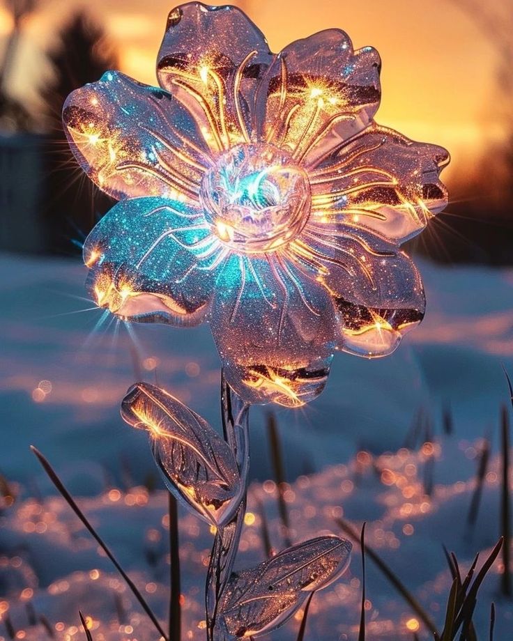 an illuminated flower in the snow at sunset