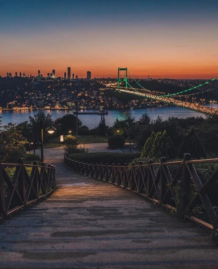 a bridge that is going over the water at night with city lights in the background